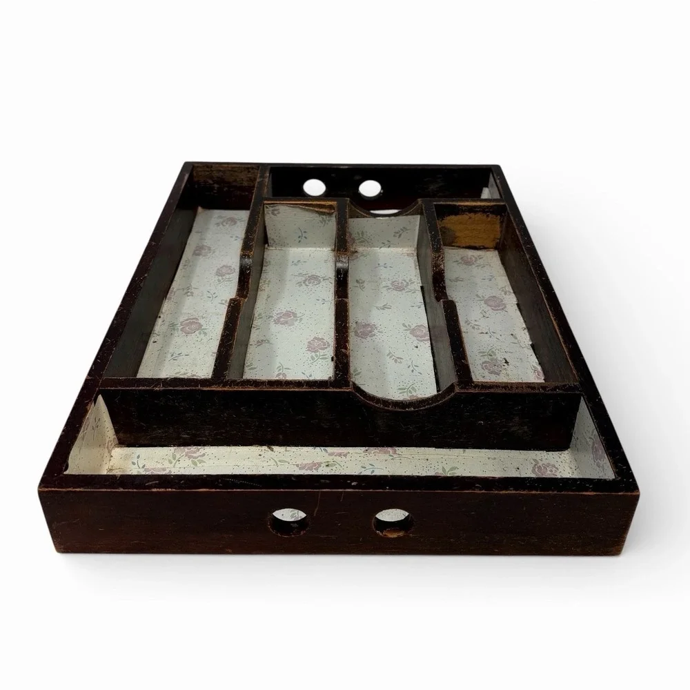 Antique Wooden Cutlery Tray with Floral Lining 15.5